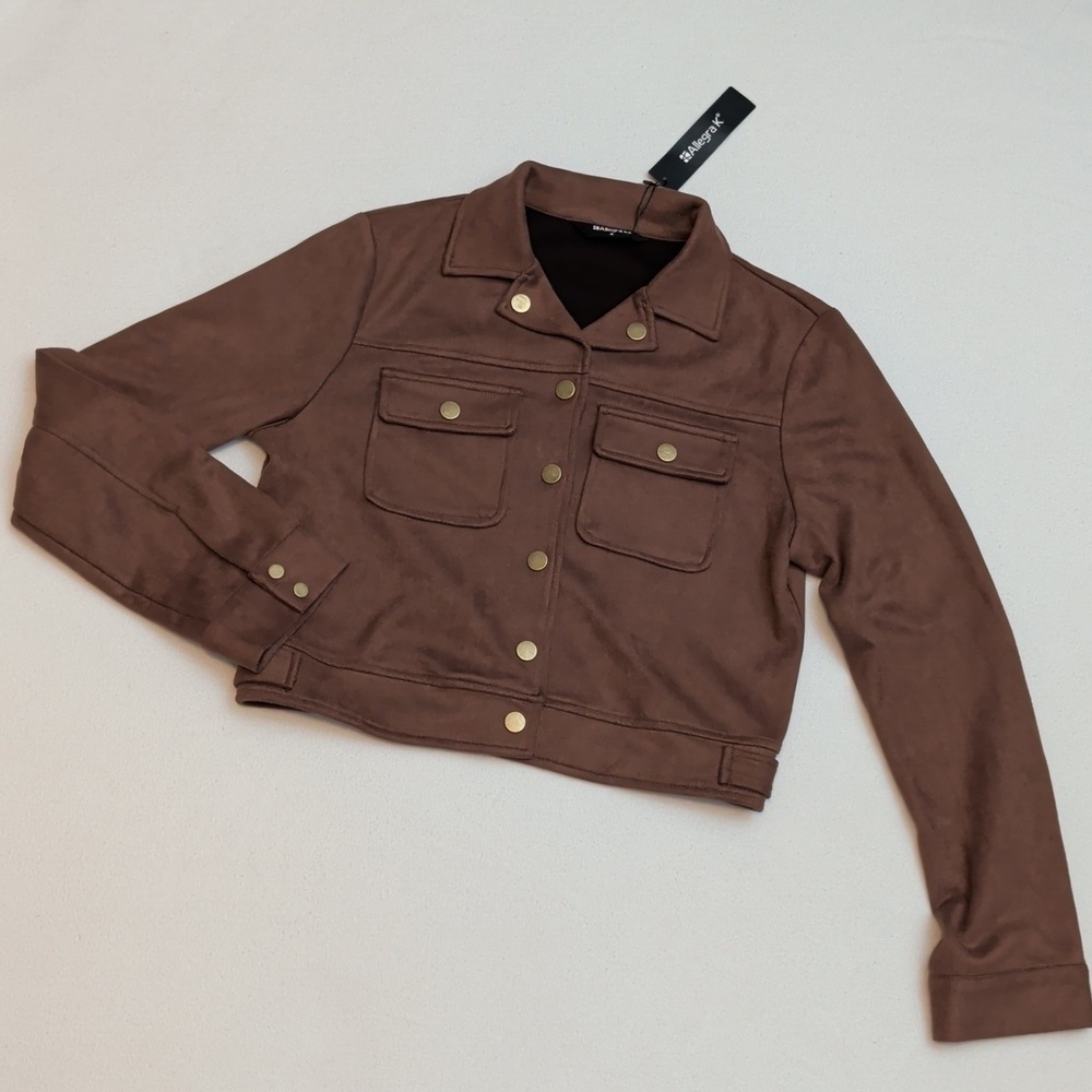 NWT Allegra K Faux Suede Brown Cropped Moto Jacket Size Medium - Picture 6 of 9